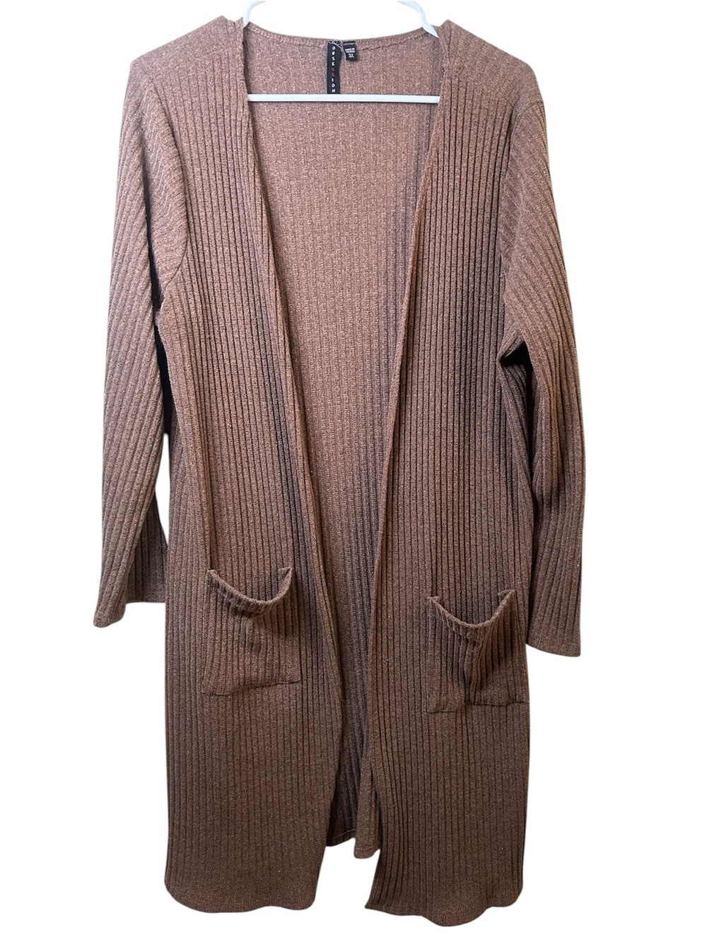 Obsession Tan Ribbed Open Front Cardigan in Heathered Brown Plus Size 3XL Casual